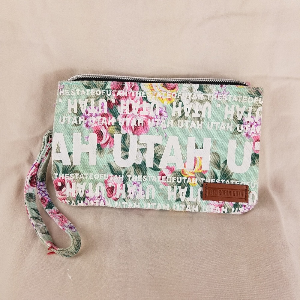 Robin Ruth Utah Floral Canvas Wristlet Pouch Triple Zip Souvenir Mint Green Bag